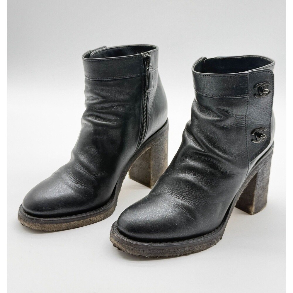 Chanel CC Turnlock Ankle Boots EU 36.5  US 6 Black Block Heel Booties - Picture 2 of 11